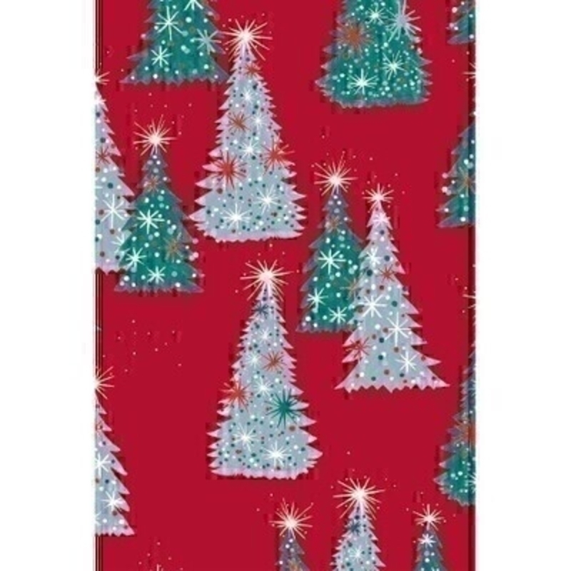 In traditional colours of red and green this festive wrapping paper features green and silver Christmas trees. Approx size 2m